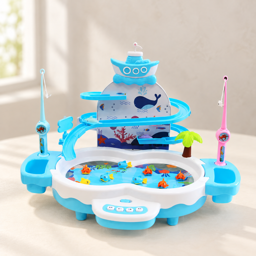 Blue fishing toy with two rods on a neutral tabletop