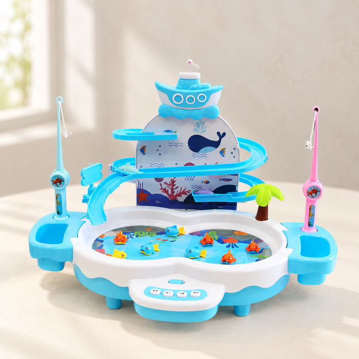 Blue fishing toy with two rods on a neutral tabletop