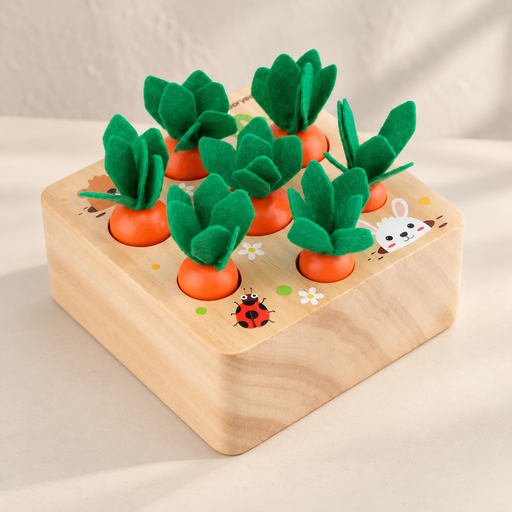 Wooden carrot sorting toy on an ivory tabletop
