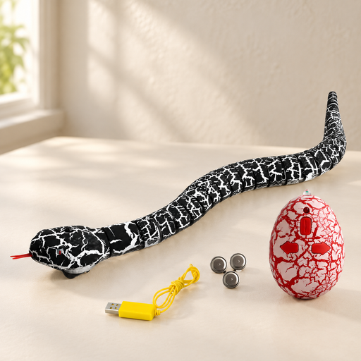 Black and white toy snake with egg controller batteries and USB cable