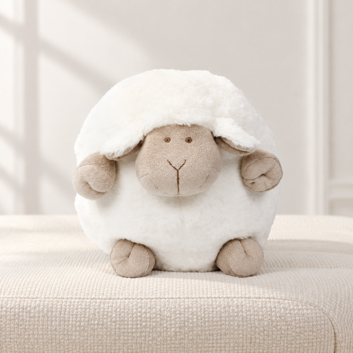 White sheep plush on an ivory upholstered bench