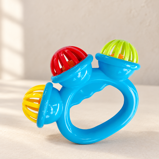 Blue baby rattle with red yellow and lime green domes