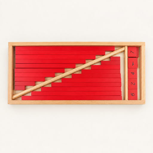 Wooden tray with graduated red rods and numbered blocks