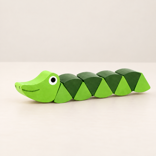 Green articulated wooden crocodile on ivory tabletop