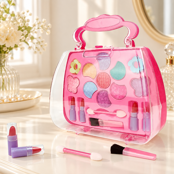 Pink pretend cosmetics case and matching tools on ivory dressing table