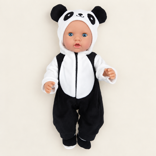 Doll in a panda outfit lying on an ivory surface