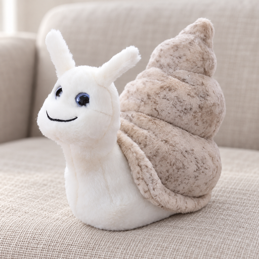 White snail plush toy with a beige spiral shell on a fabric sofa.