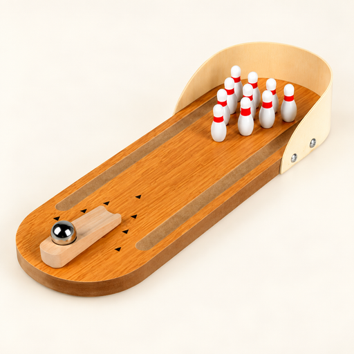 Wooden miniature bowling lane with ten pins and metal ball