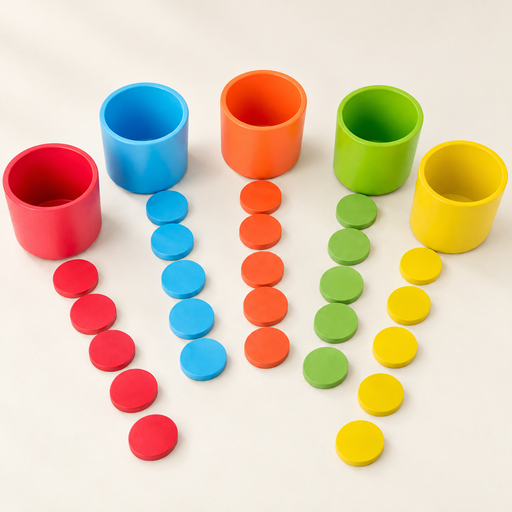 Five coloured sorting cups and matching discs on ivory surface