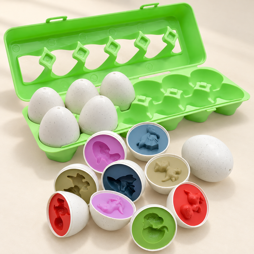 Dinosaur matching eggs in a green carton on ivory surface