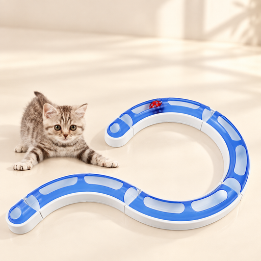 Blue and white curved cat track with red ball beside a kitten on an ivory floor.