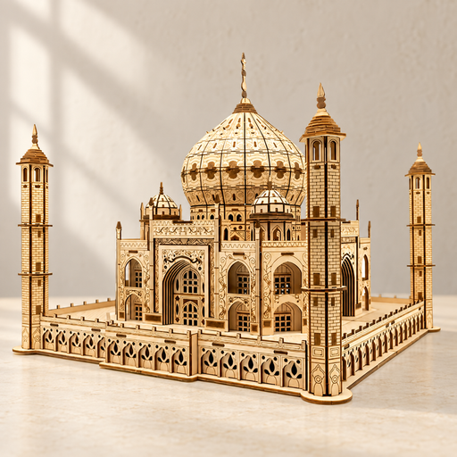 Wooden architectural model on an ivory table