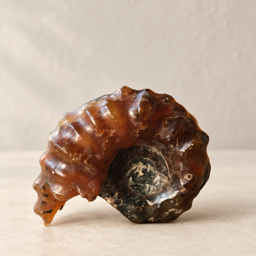 Brown spiral fossil specimen on an ivory tabletop