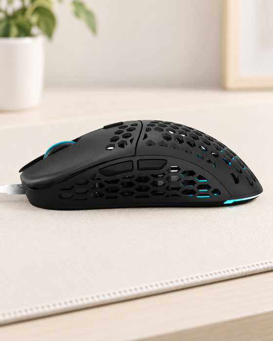 Black perforated gaming mouse with cyan lighting on an ivory desk mat.