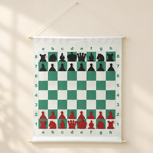 Hanging green and white chess demonstration board with black and red pieces