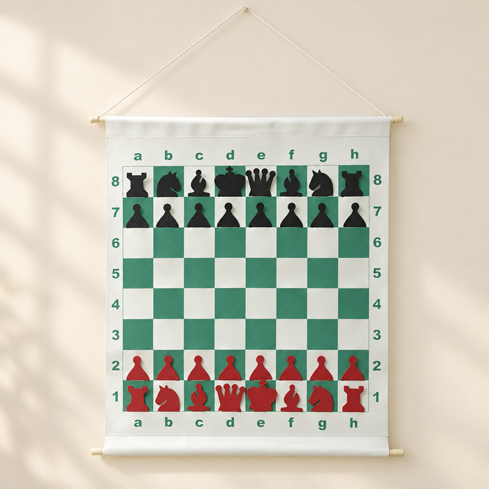 Hanging green and white chess demonstration board with black and red pieces