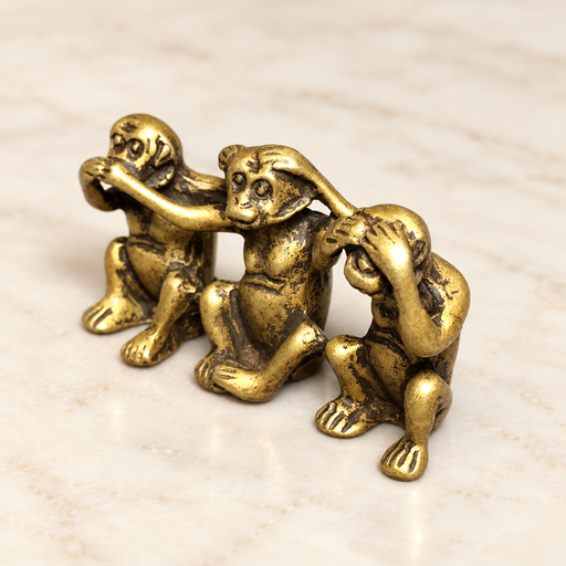 Antique brass-tone three-monkeys ornament on an ivory surface.