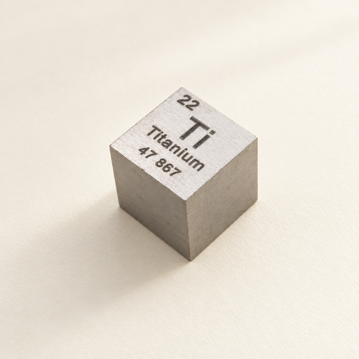 Single metal cube engraved 22, Ti, Titanium and 47 867 on an ivory surface.
