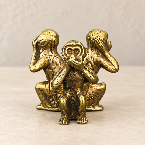 Brass-coloured monkey ornament on an ivory tabletop