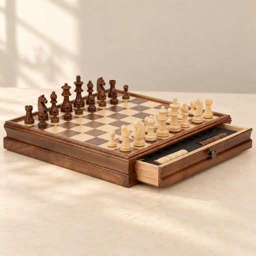Wooden chess cabinet with pieces and open storage drawer on ivory table