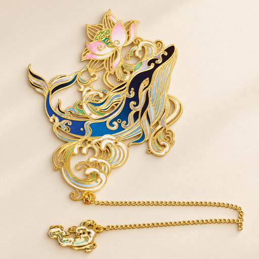 Blue and gold whale bookmark with pink lotus flowers and gold chain on ivory surface