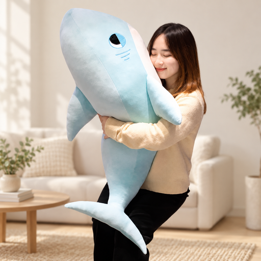 Large pale blue shark plush held in a warm ivory living room