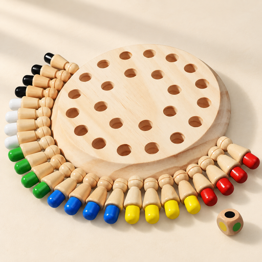 Wooden colour memory board with coloured pegs and a die on an ivory surface
