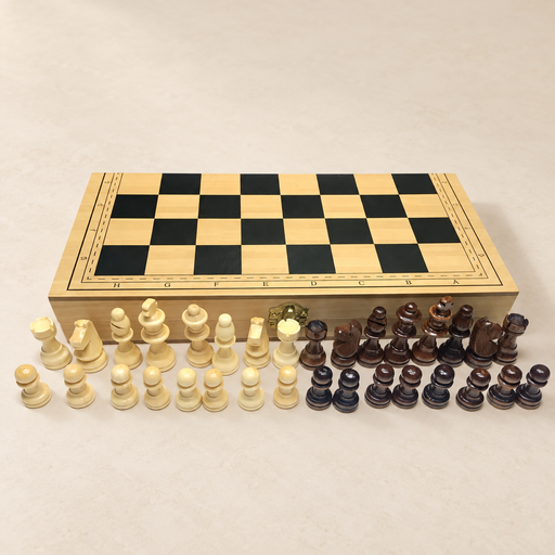Folded wooden chess case with light and dark pieces arranged in front