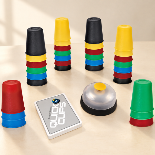 Colourful stacking cups with a bell and Quick Cups cards on an ivory surface