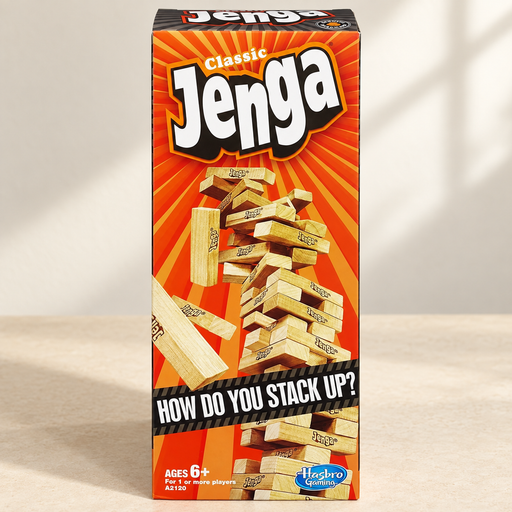 Classic wooden stacking game in its orange retail box on an ivory tabletop.