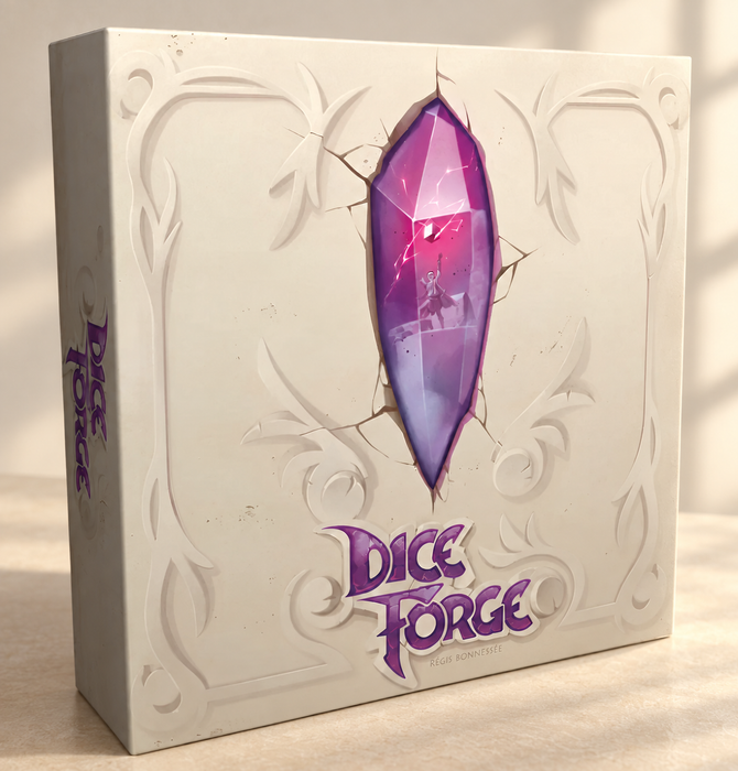 Dice Forge game box with purple crystal artwork on an ivory tabletop.