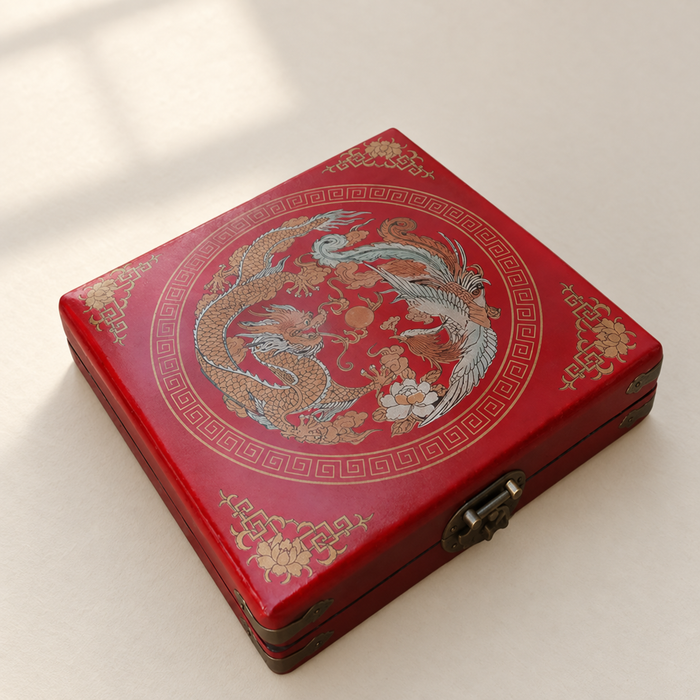 Red ornamental game case with dragon and phoenix design on an ivory tabletop.