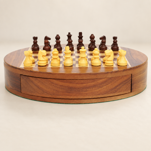 Round wooden magnetic chess set with light and dark pieces on an ivory tabletop.
