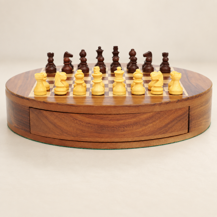 Round wooden magnetic chess set with light and dark pieces on an ivory tabletop.