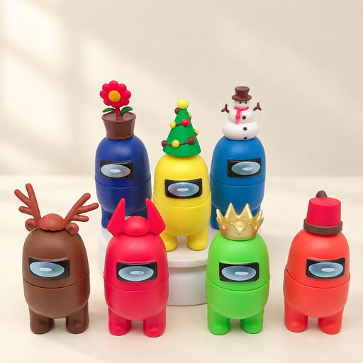 Seven colourful game-character figures with decorative hats on an ivory tabletop.