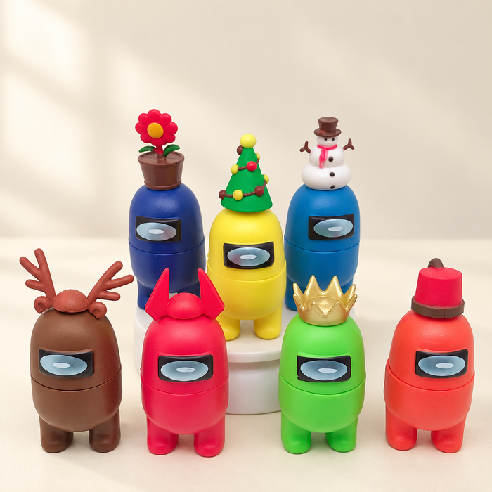 Seven colourful game-character figures with decorative hats on an ivory tabletop.