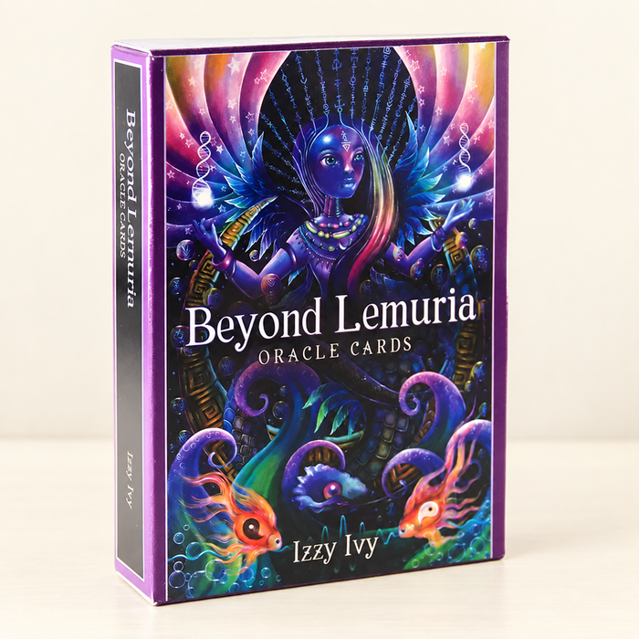Beyond Lemuria oracle card box on an ivory shelf