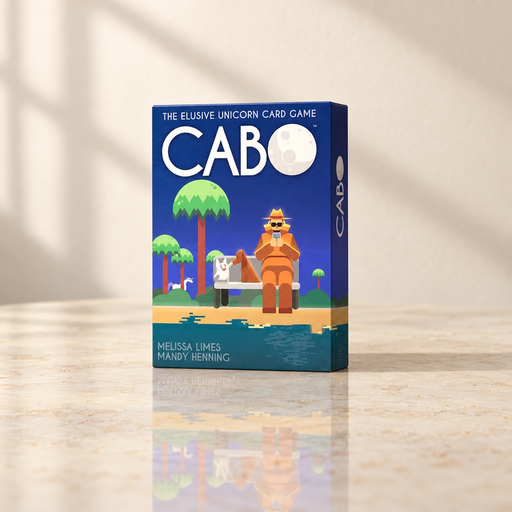 Blue CABO card game box on an ivory surface