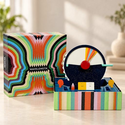 Colourful spectrum guessing game with box, dial and playing tray on an ivory table.