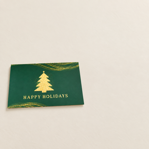 Green greeting card with a gold tree and Happy Holidays lettering