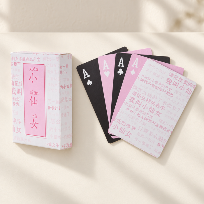 Pink and white playing card box with a fan of four aces and a patterned card back.