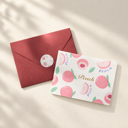 Peach greeting card with a burgundy envelope on an ivory surface