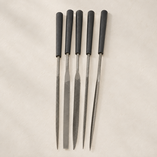 Five needle files with dark handles laid on an ivory workbench.