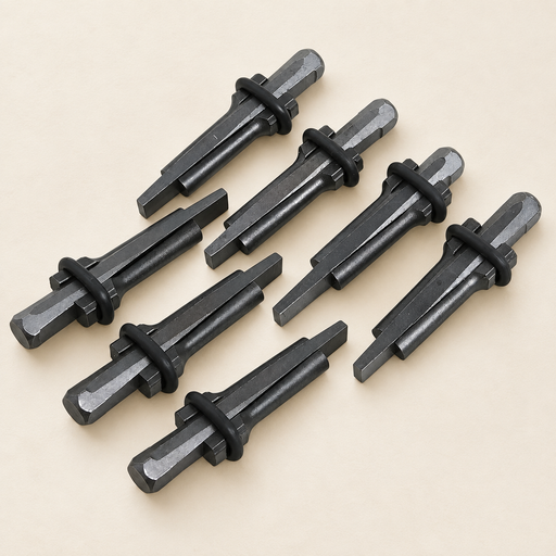 Seven steel wedge and feather stone splitters arranged on an ivory worktable.