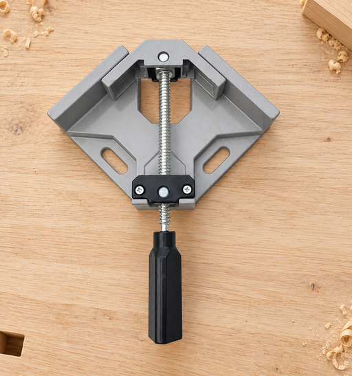 Grey corner clamp with a black handle on a clean wooden workbench.