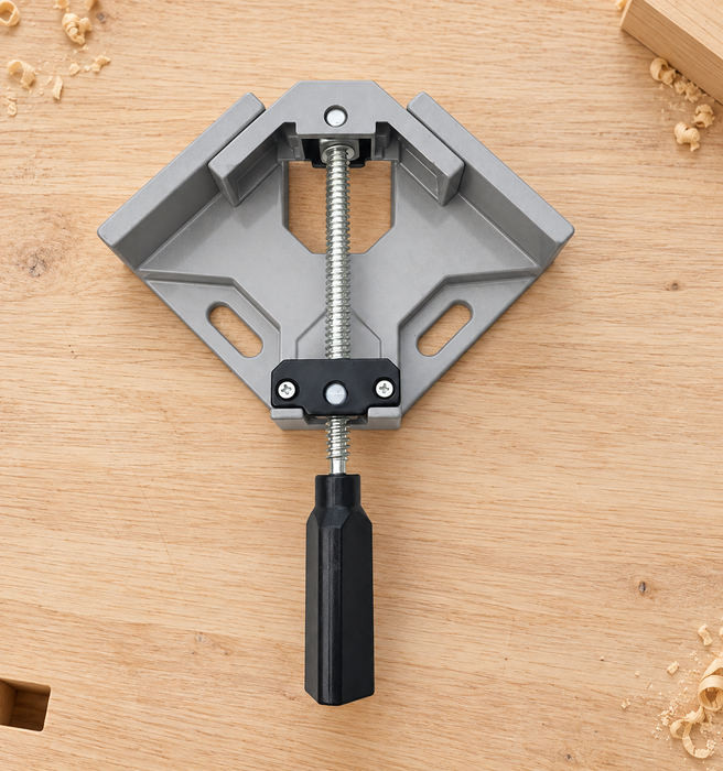 Grey corner clamp with a black handle on a clean wooden workbench.