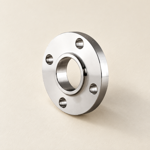 Polished stainless steel flange with four mounting holes on an ivory worktable.