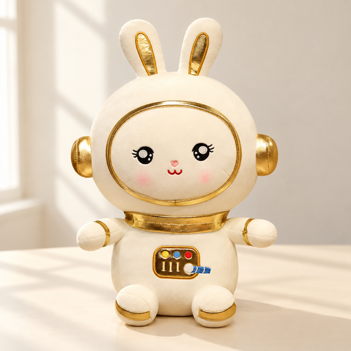 Cream and gold astronaut rabbit plush seated on an ivory tabletop.