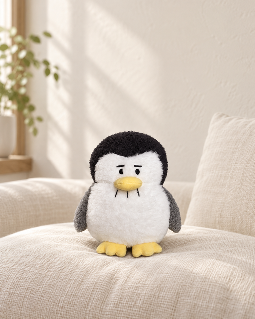 Sad-face penguin plush toy on an ivory linen chair.