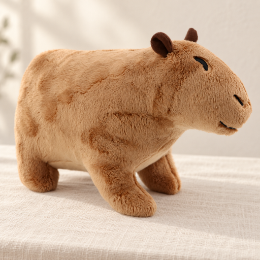 Brown capybara plush on an ivory linen surface